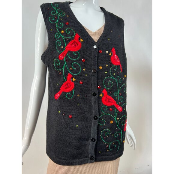 Kim Rogers Womens Festive Cardinal Embroidered Sweater Vest Black Size L - Picture 10 of 16